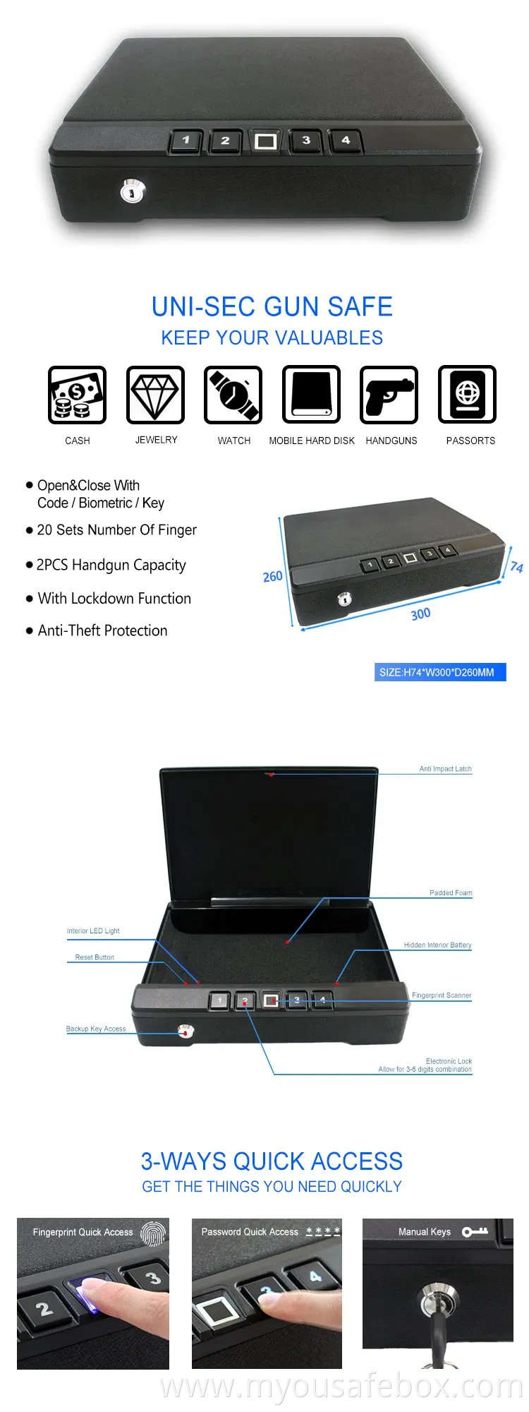 100% Full Inspection Portable Mini Pistol Safe Box Factory in China (USPS-7430F)